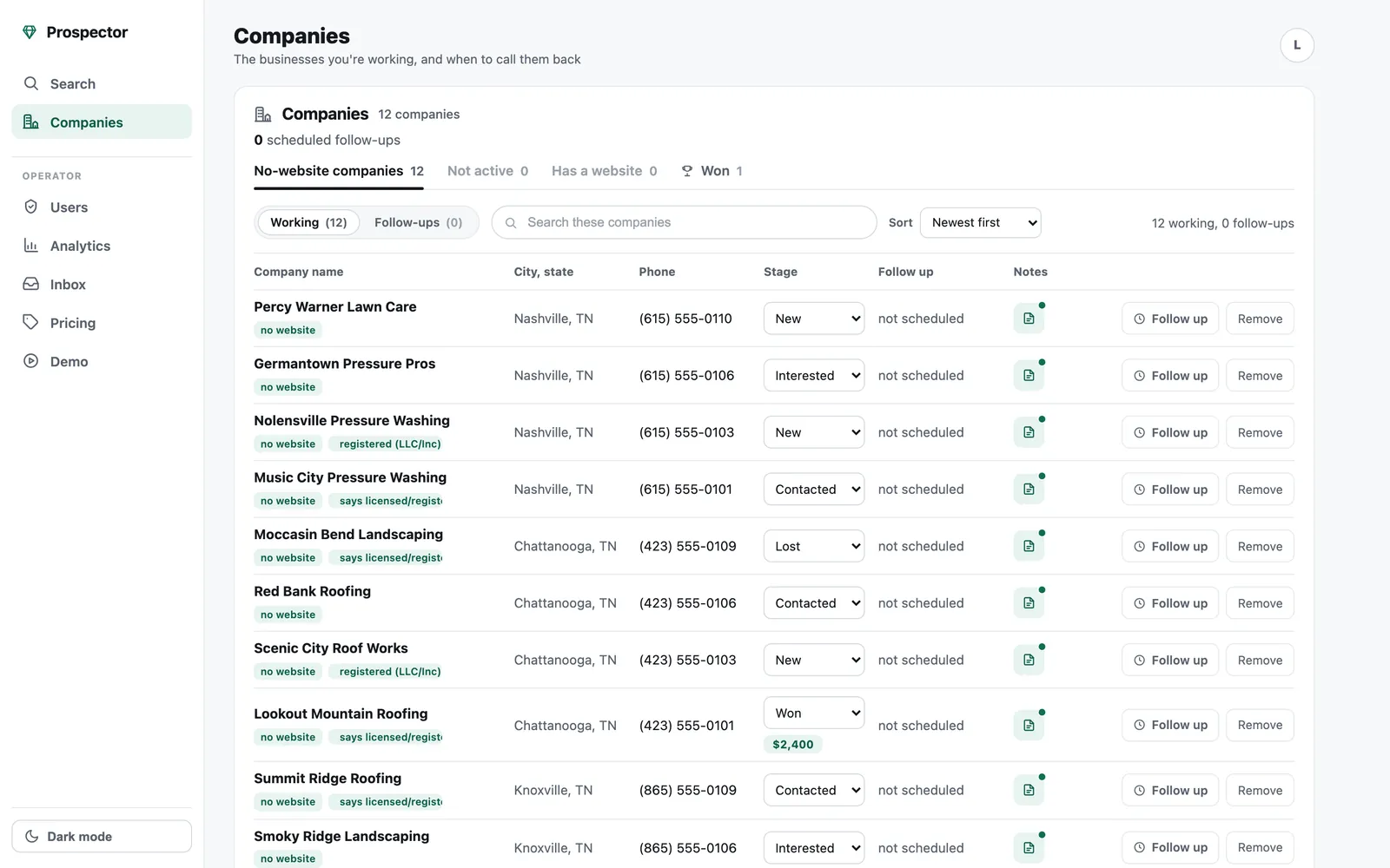 Prospector pipeline with stages and follow-ups